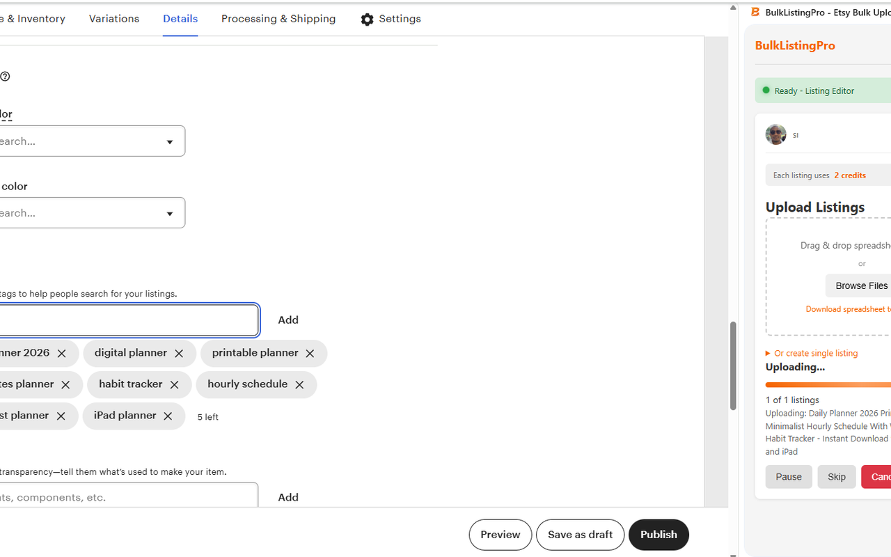 BulkListingPro automating Etsy listing creation