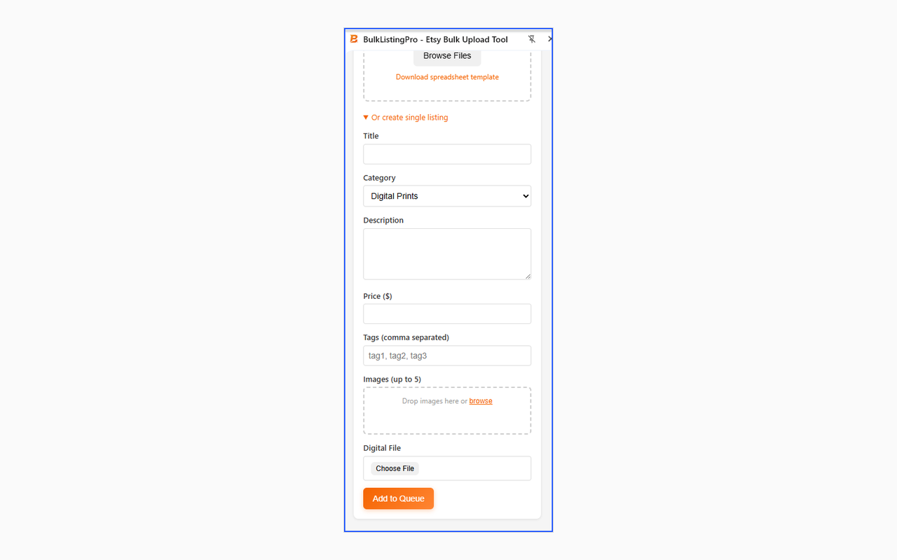 Listing creation form with all fields