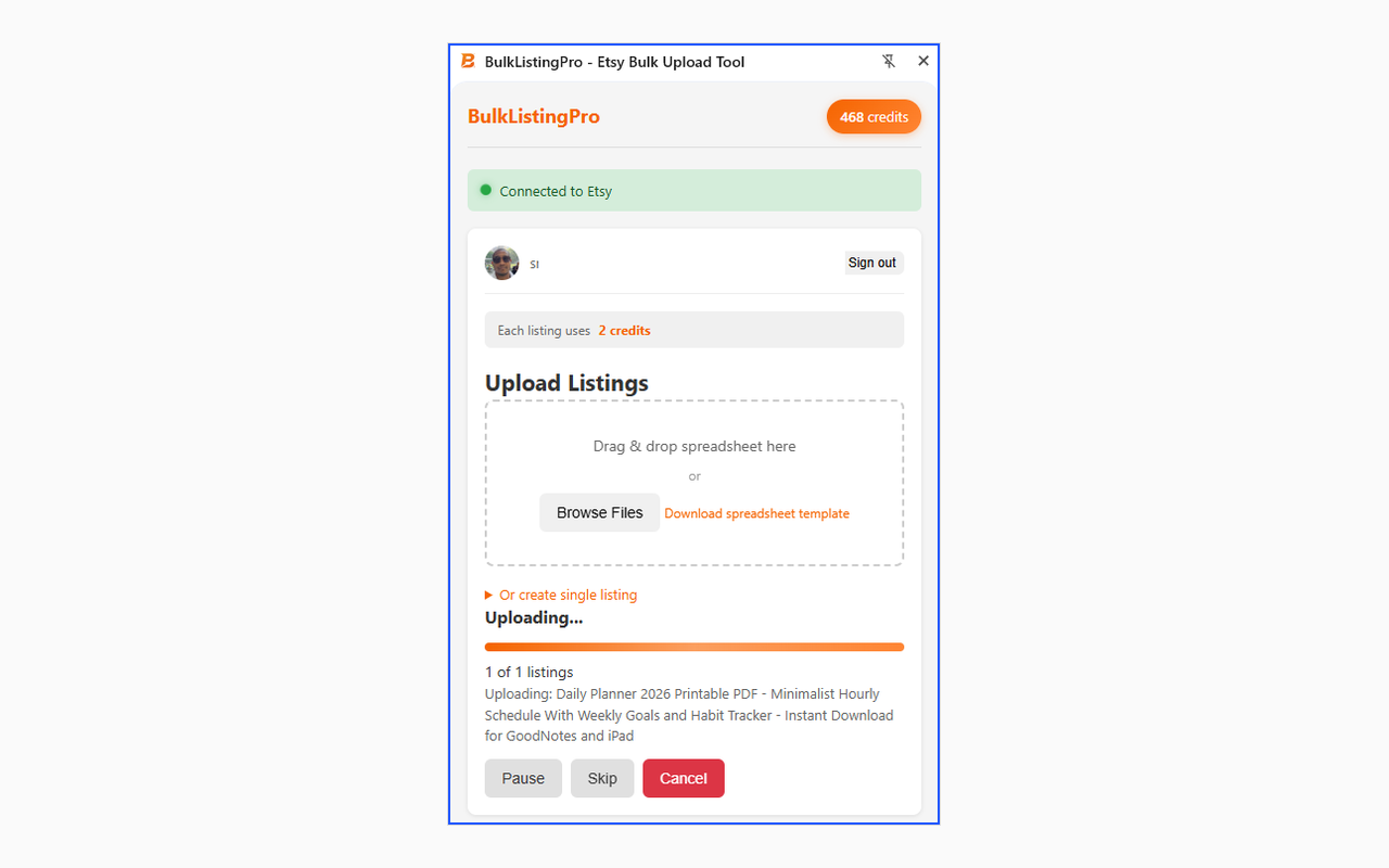 BulkListingPro uploading listings to Etsy