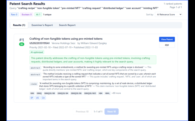 AI-ranked patent results with relevance score and evidence snippets