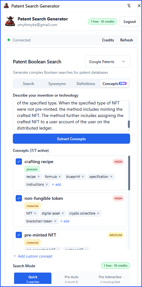 Concept Mapper showing extracted concepts with synonyms and importance levels
