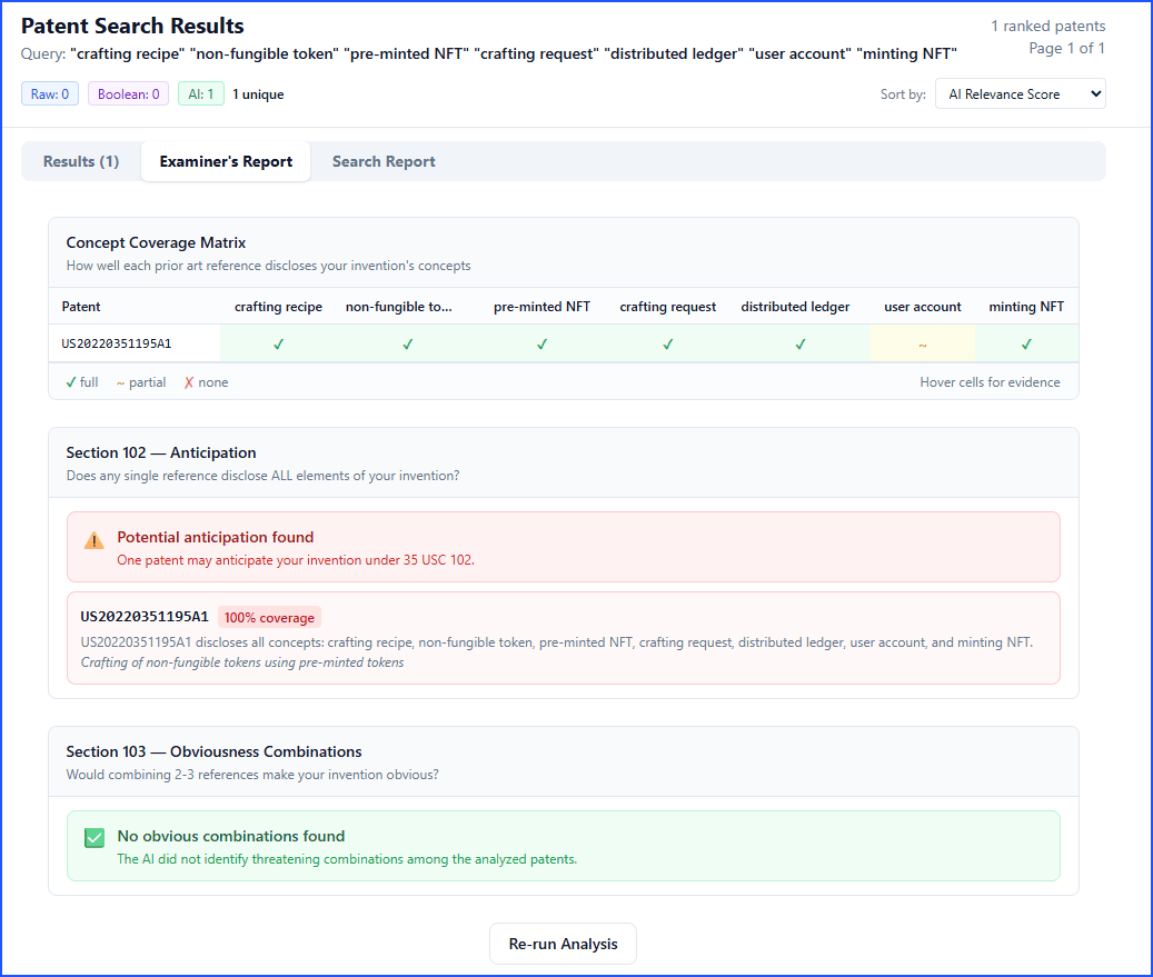Examiner's Report showing concept coverage matrix and Section 102/103 analysis