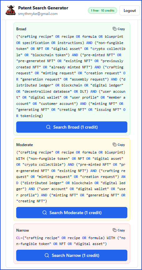 Side panel showing Broad, Moderate, and Narrow search strategies