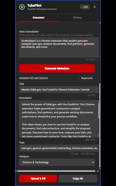 TubePilot generated metadata showing SEO-optimized title, description, tags, and category