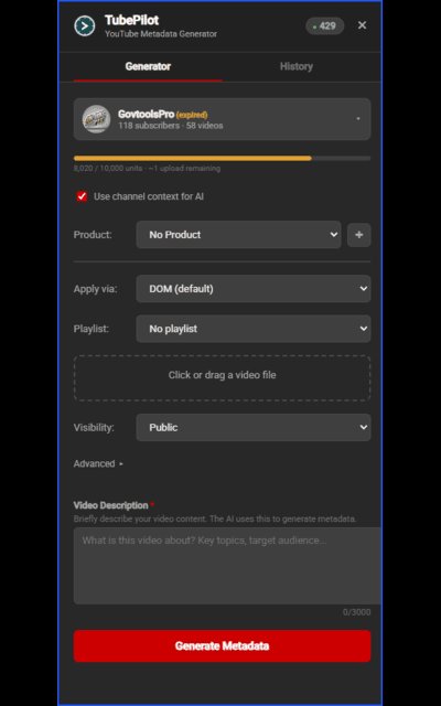 TubePilot panel in YouTube Studio with channel connection, upload options, and visibility settings